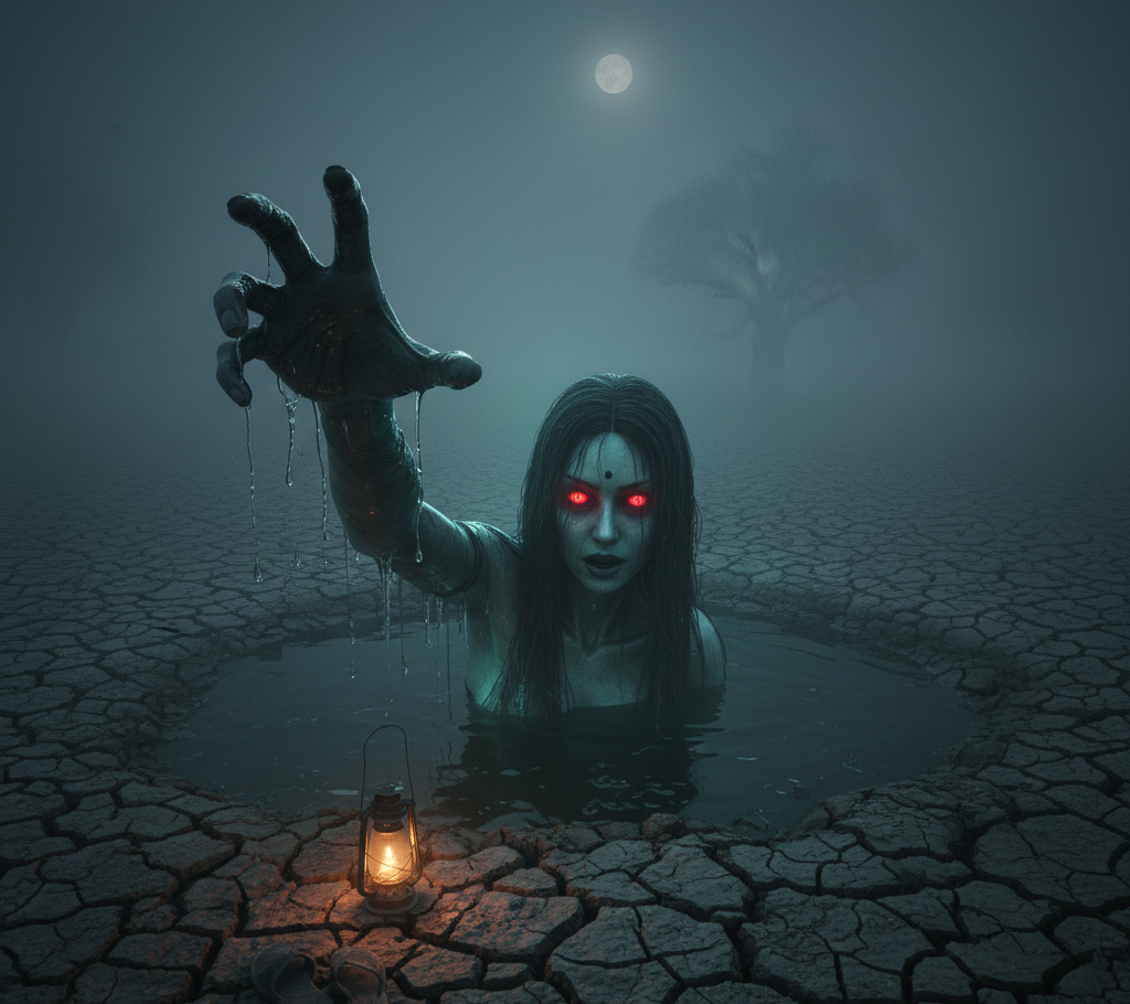 बुढ़िया ताल के बीचों-बीच नीली रोशनी में चमकती जल मोहिनी, लाल आँखों वाली।