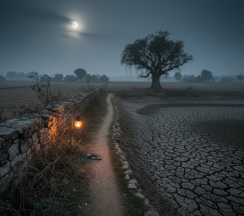 बुढ़िया ताल की सूखी, डरावनी दरारें, जो जल मोहिनी की प्रतीक्षा कर रही हैं। ग्रामीण डरावनी कहानियाँ।